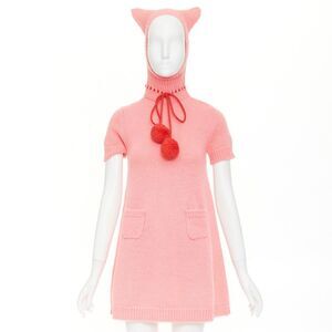 Gucci Epilogue pink wool knit ear hooded pom pom dress